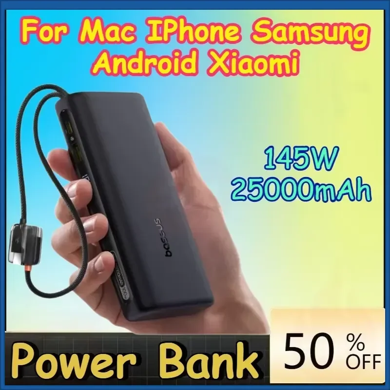 25000mAh 145W Power Bank Fast Charge Digital Display for Mac IPhone Samsung Android Phone Xiaomi Built-In Dual USB-C Cable