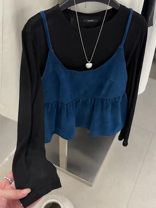 

plus Size Women's Korean Style Sleeveless Long Sleeve T-Shirt Vest Loose Fashionable Autumn Winter Two-Piece Set for Heavy Girls
