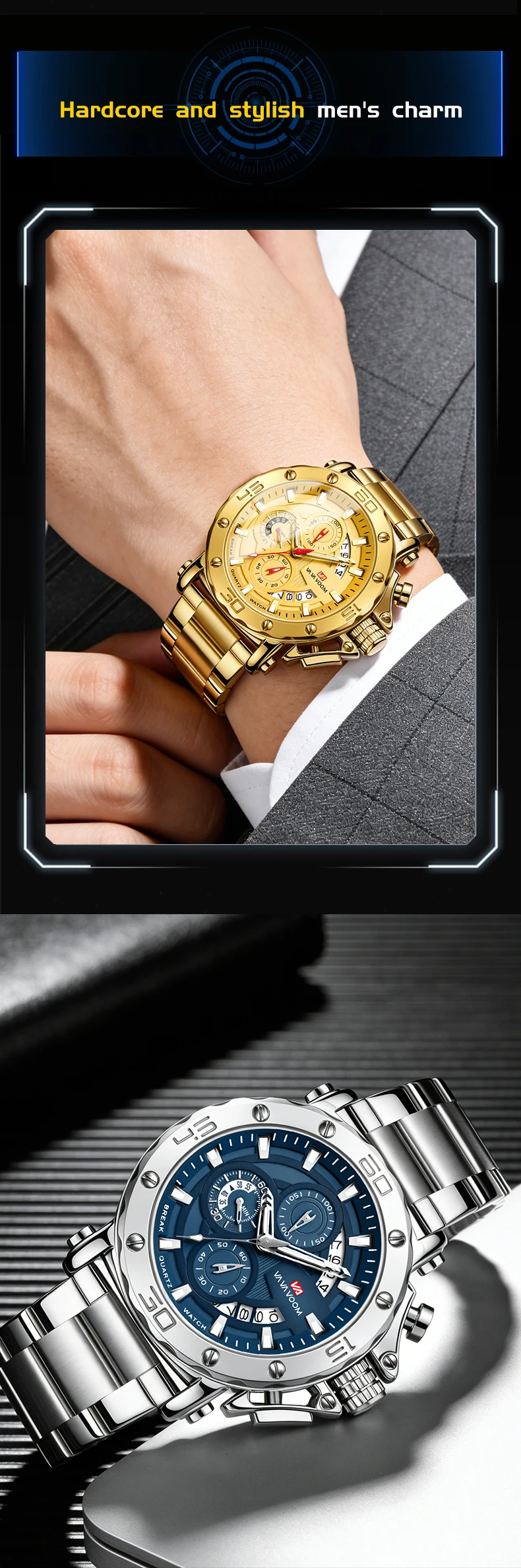 VA VA VOOM Chronograph-Uhr für Herren, Kalender, leuchtend, wasserdicht, Herrenuhr, luxuriöse Edelstahl-Quarzuhr für Herren, Reloj – Detail 5