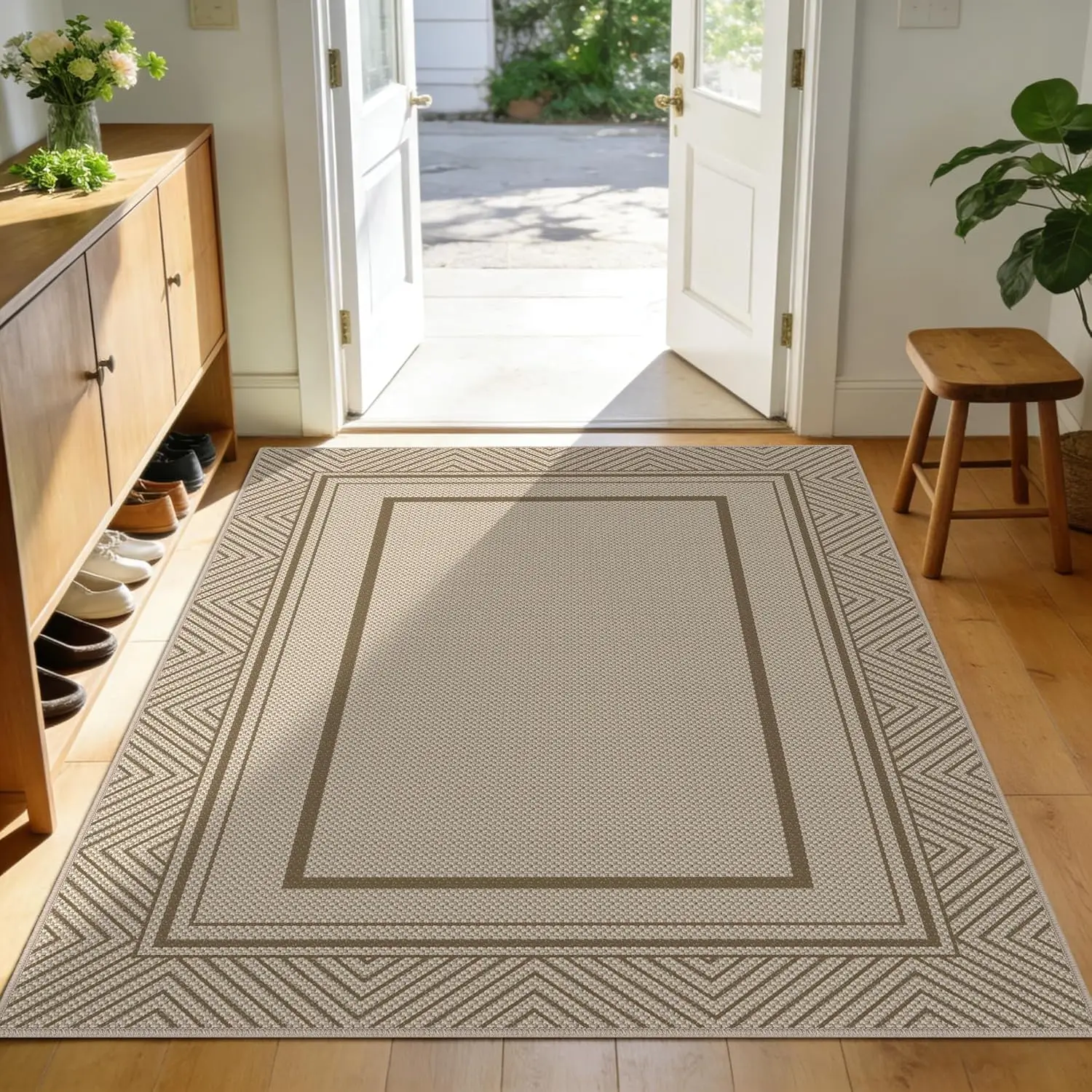 

4x6 Easy Jute Outdoor Rug, Washable Geometry Line Rug for Large Entryway, Non-Slip Entryway Rug, Stain Resistant Low Pile for
