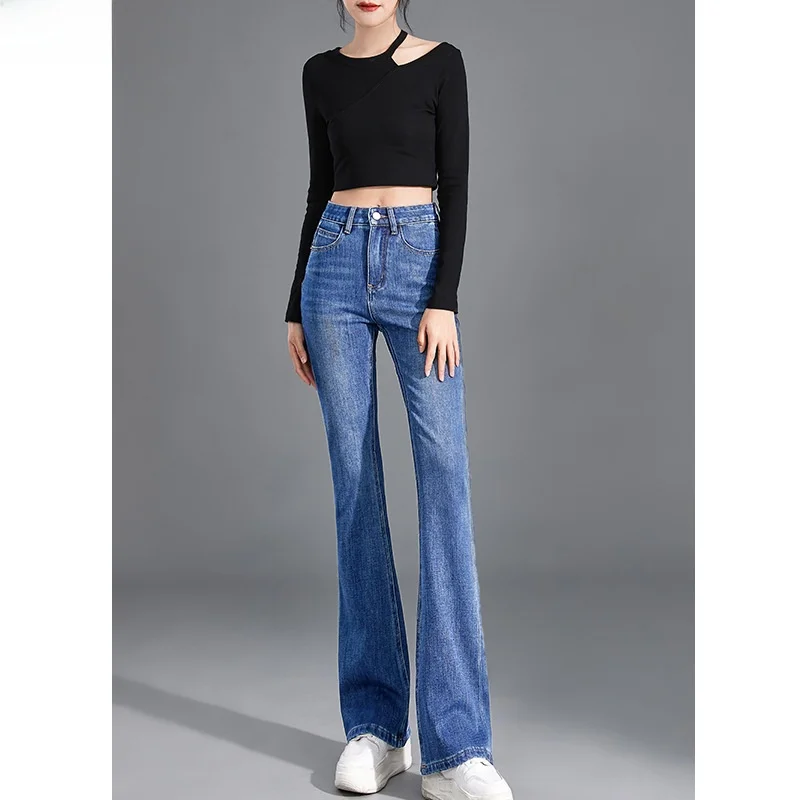 

2026 Summer Women's Bell Bottom Jeans High Waist Cotton Denim Pants Fashion Trousers Loose Fit Medium Stretch Folded
