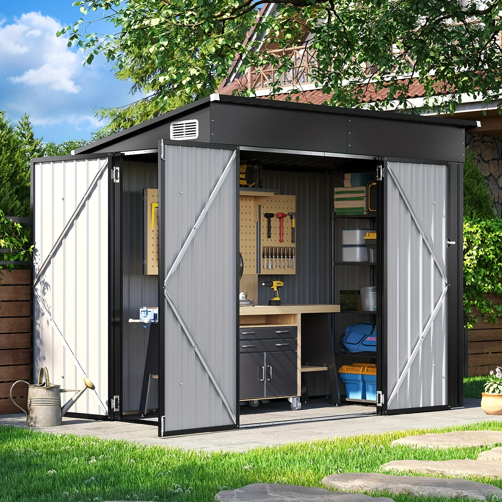 

Outdoor Storage Shed Measuring 4 Feet by 8 Feet, Featuring Lockable Triple Doors And a Sloped Roof, Perfect for Storing Tools And Bicycles, Suitable for Gardens, Patios, And Courtyards