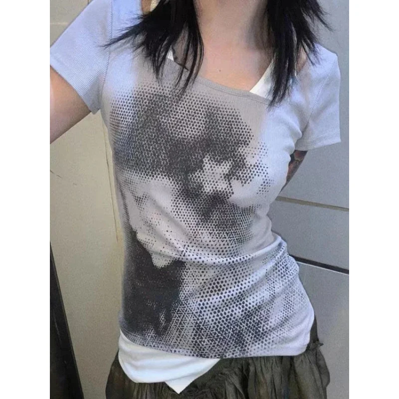 

Лето 2024, индивидуальные винтажные футболки с принтом, искусственные лоскутные футболки в стиле Харадзюку из двух предметов, женские модные эстетические футболки Y2k