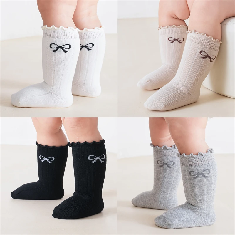 4 Pairs Infant Baby Girl Cotton Crew Socks Ruffle Cuff Bow Print Toddler Princess Frilly Mid Calf Socks Kids Accessories