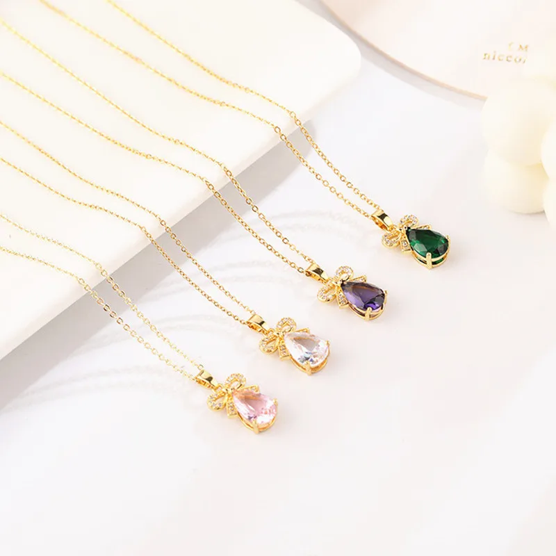 

Necklace for Women's 18k Gold Plated Colorful Water Droplet Crystal Zircon Bowknot Pendant Sweet Romantic Fashion Jewelry Gift