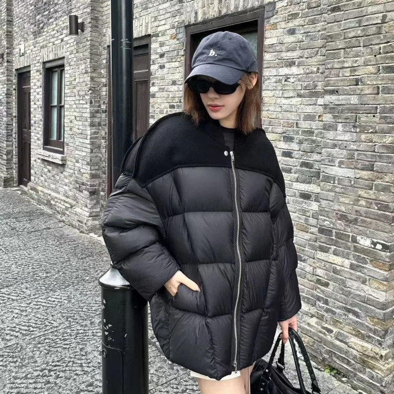 HKSH Autumn Winter New Women Dark RO Style Ribbed Jacket Deer Skin Spliced Integrated Zipper Silhouette Goose Down Coats HK3560