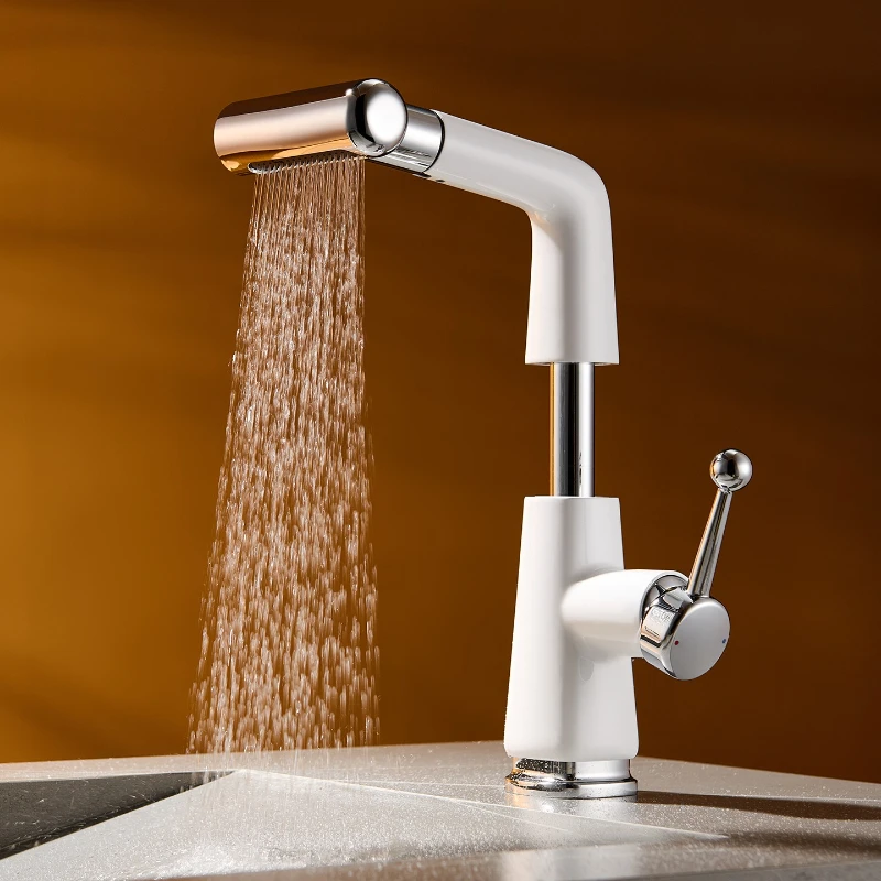 Brass Body Pull-Out Basin Faucet Height Adjustable 360 Rotatable Hot Cold for Bathroom Washbasin Home Use