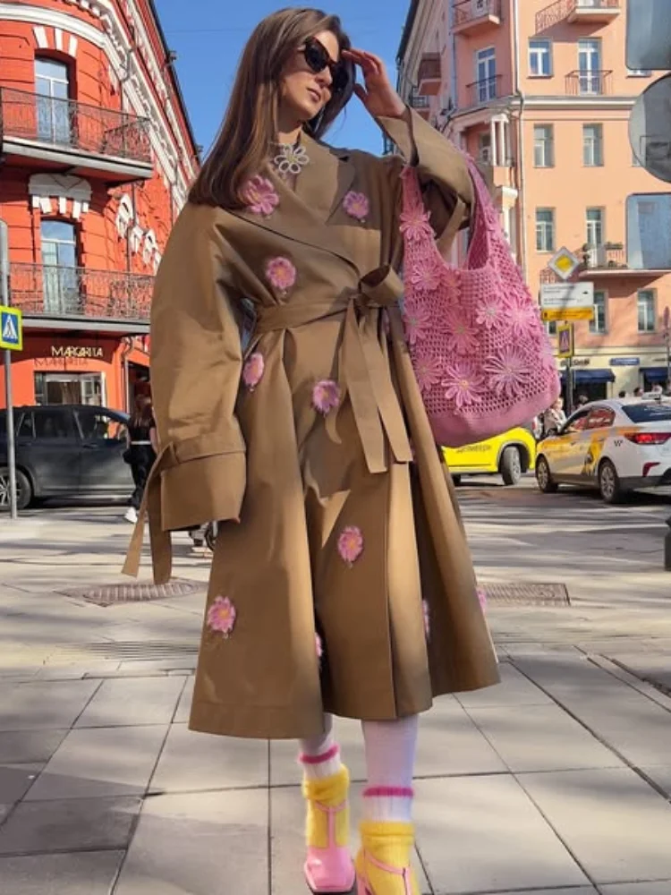 

Women's Knitted Flower Long Trench Coats Turn Down Neck Long Sleeve Long Jacket Loose Casual Coat With Belt 2025 New Autumn Coat