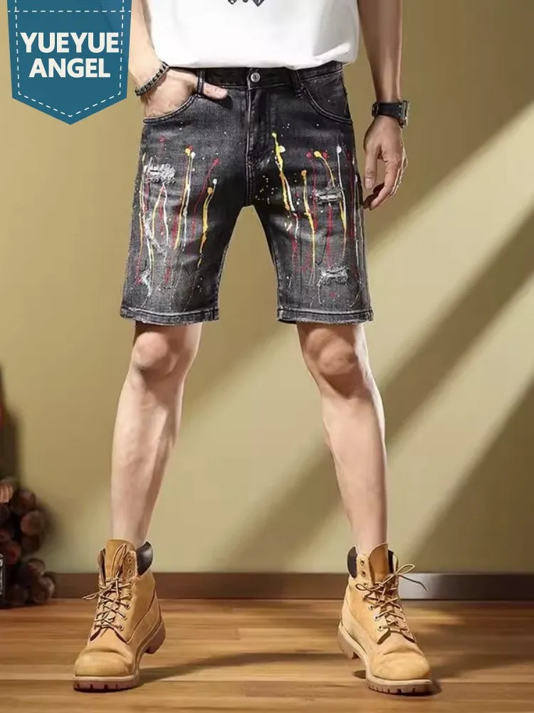 

Summer Graffiti Printed Mens Denim Shorts Slim Fit Street Straight Knee Length Trousers Vintage Hole Ripped Casual Jeans Male