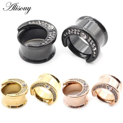 Alisouy 2pcs 6-25mm Stainless Steel Horn Moon Zircon Ear Tunnels Plugs Expanders Stretcher Gauges Earrings Piercing Body Jewelry