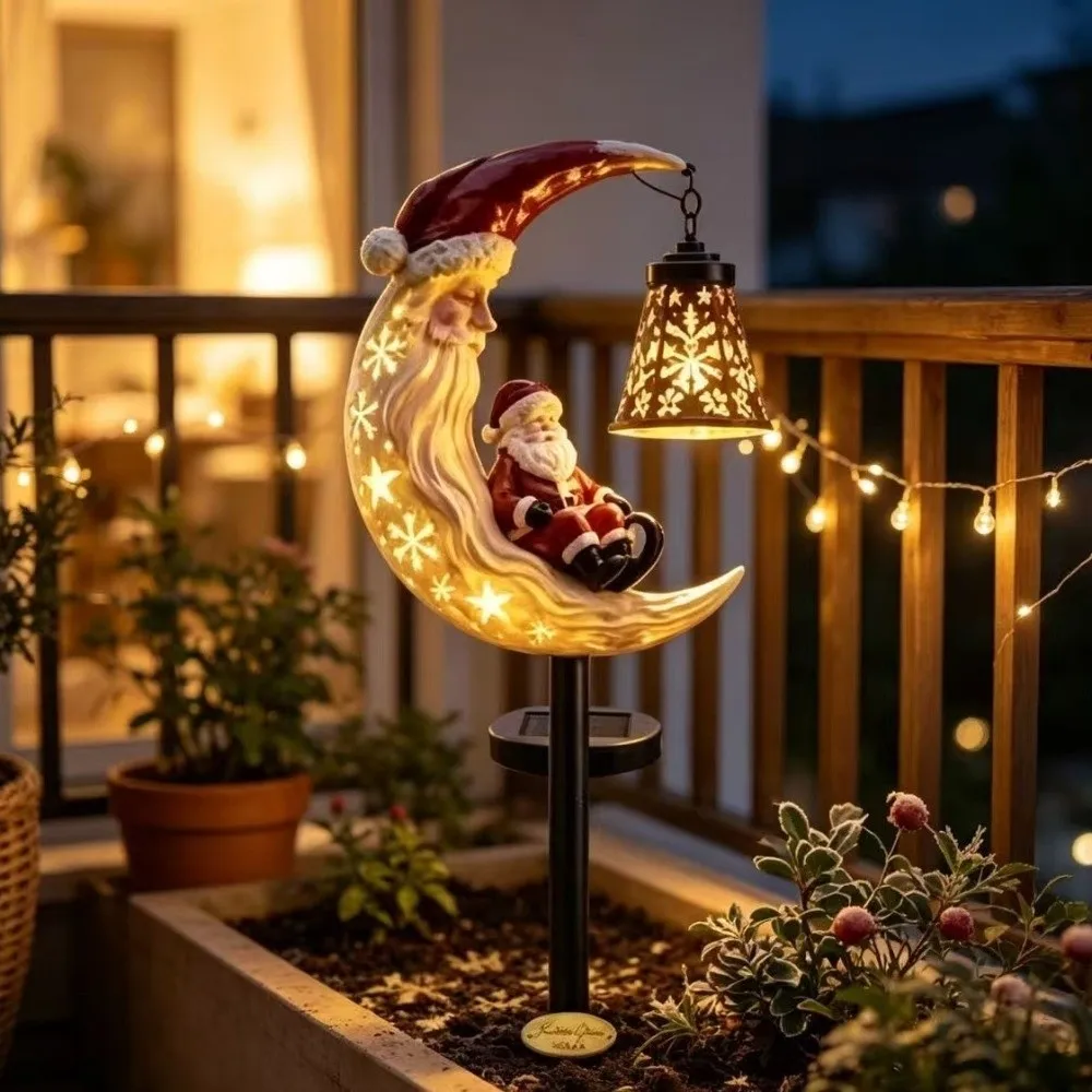 LED Glowing Christmas Moon Solar Stake Light Waterproof with Bell Solar Santa Snowman Light Iron Metal Hollow Lantern