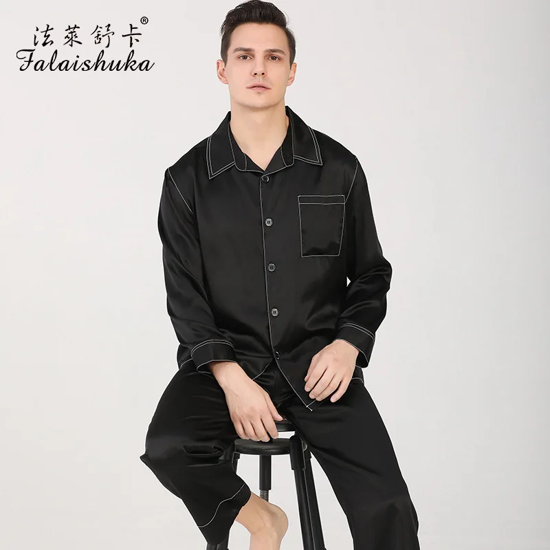 

19 momme 100% silk pajamas sets men noble black natural mulberry silk Long sleeve pyjamas for male spring new sleepwear T9088