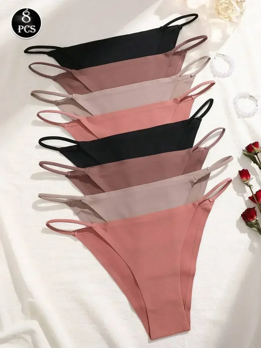 

8 Pcs Thin Strap Seamless Low Waist Womens Panties Solid Color
