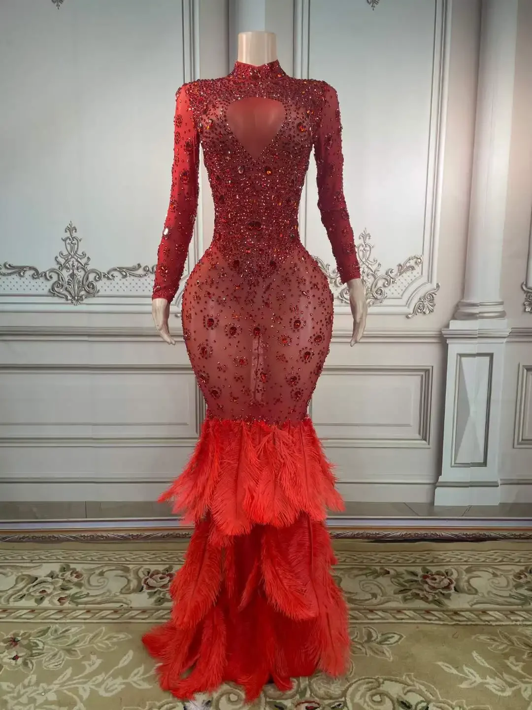 

Elegant Rhinestone Dress Women Feather Spandex Sheer Drag Queen Outfit Red Prom Dresses Evening Night Club Stage Wear 2022 New