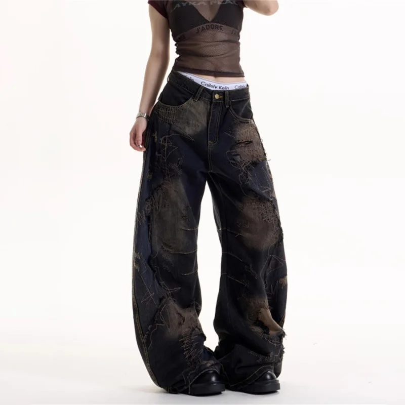 2026 spring/autumn relaxed fit american retro hot girl style black tie-dye distressed denim jeans for women