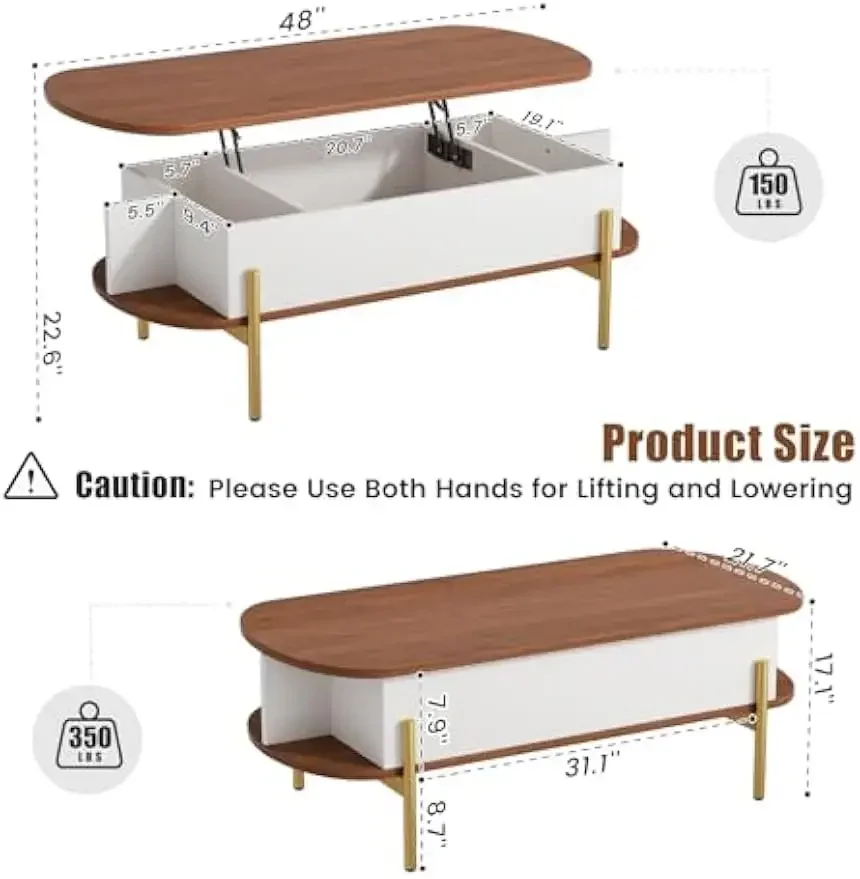 48" Oval Lift Top Coffee Table with Storage Metal Legs & Large Hidden Compartment, Coffee Table with Lifting Top with Open Shelf