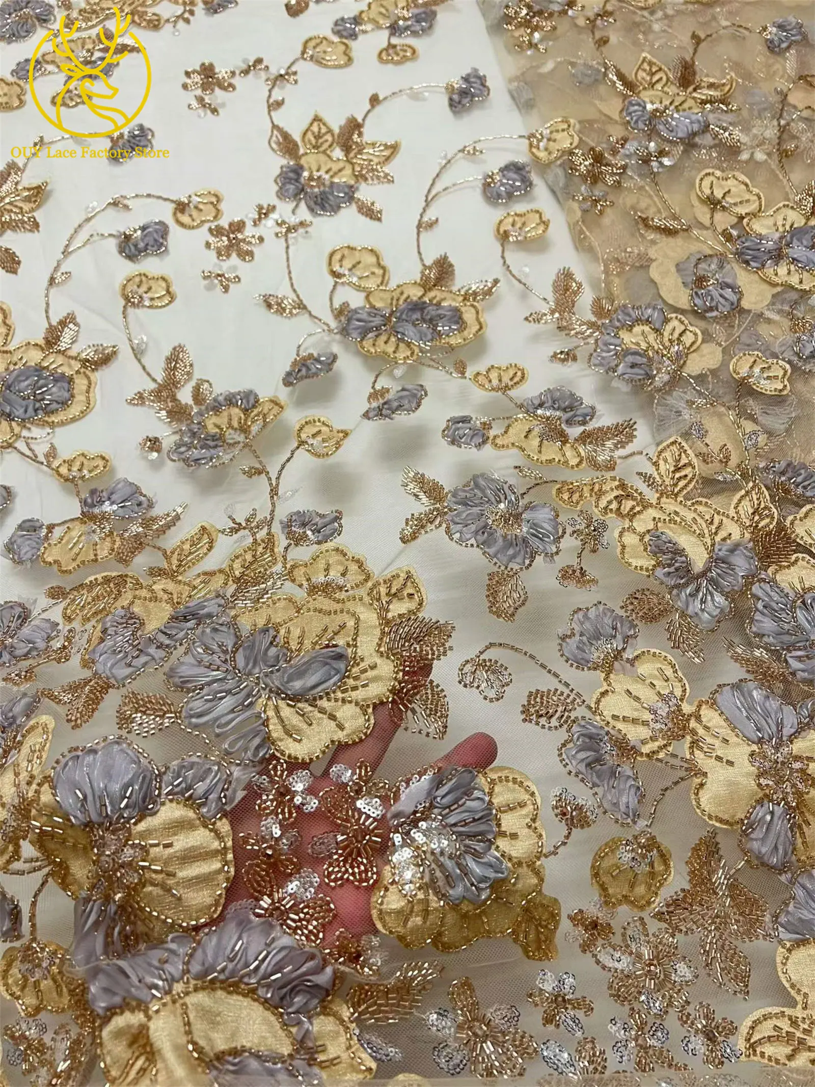Afrikanischer Bräutigam Stickerei-Spitzenstoff mit Schwerer Perlenbestickung Hochwertiger Französischer Pailletten-Tüllspitzenstoff Nigerianisches Brautkleid Nähzubehör – Detail 10