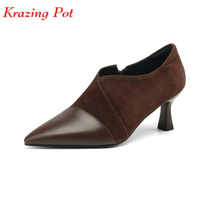 

Krazing Pot Cow Leather Stiletto Med Heels Spring Brand Shoes Zip British School Big Size 43 Vintage Style Gorgeous Women Pumps