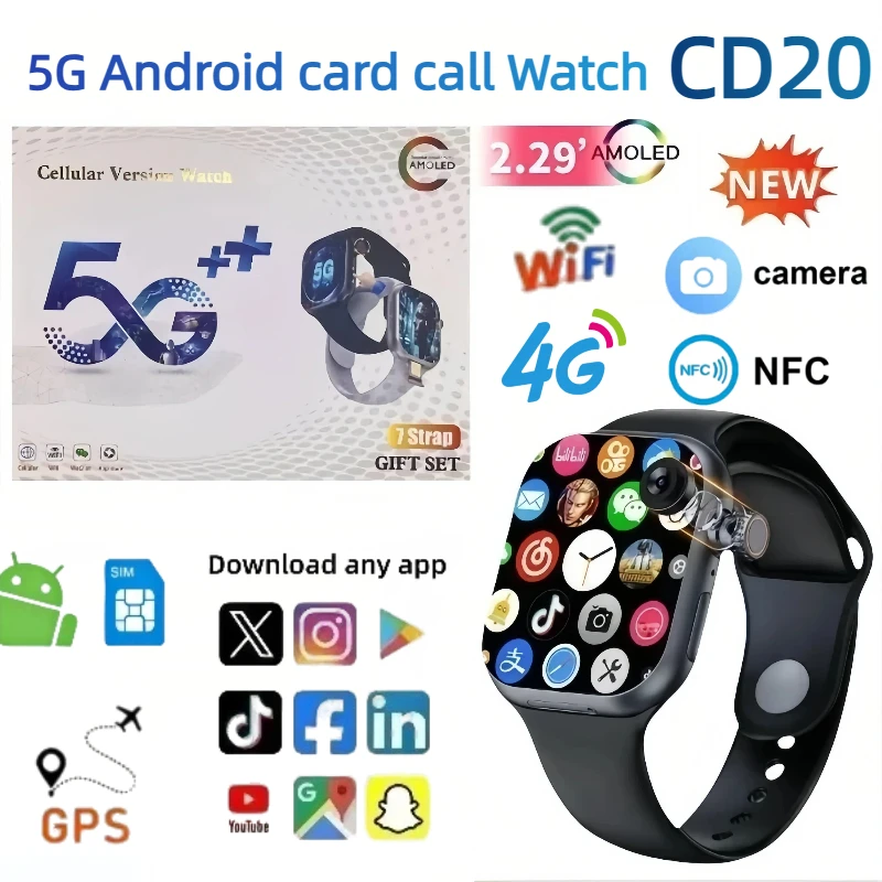 

5G Smartwatch CD20 Global Version 2.29 Inch AMOLED Display with 180° Rotating Camera Supports SIM Card WiFi GPS Video Calling