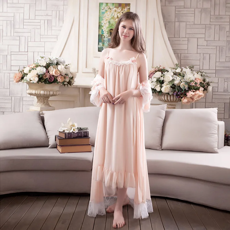 Long Skirt Lace Flower Homedress Cute Nightgown Chiffon Sling Coat Home Clothes Nightshirt Sleepdress Kimono Home Wear Robe Gown