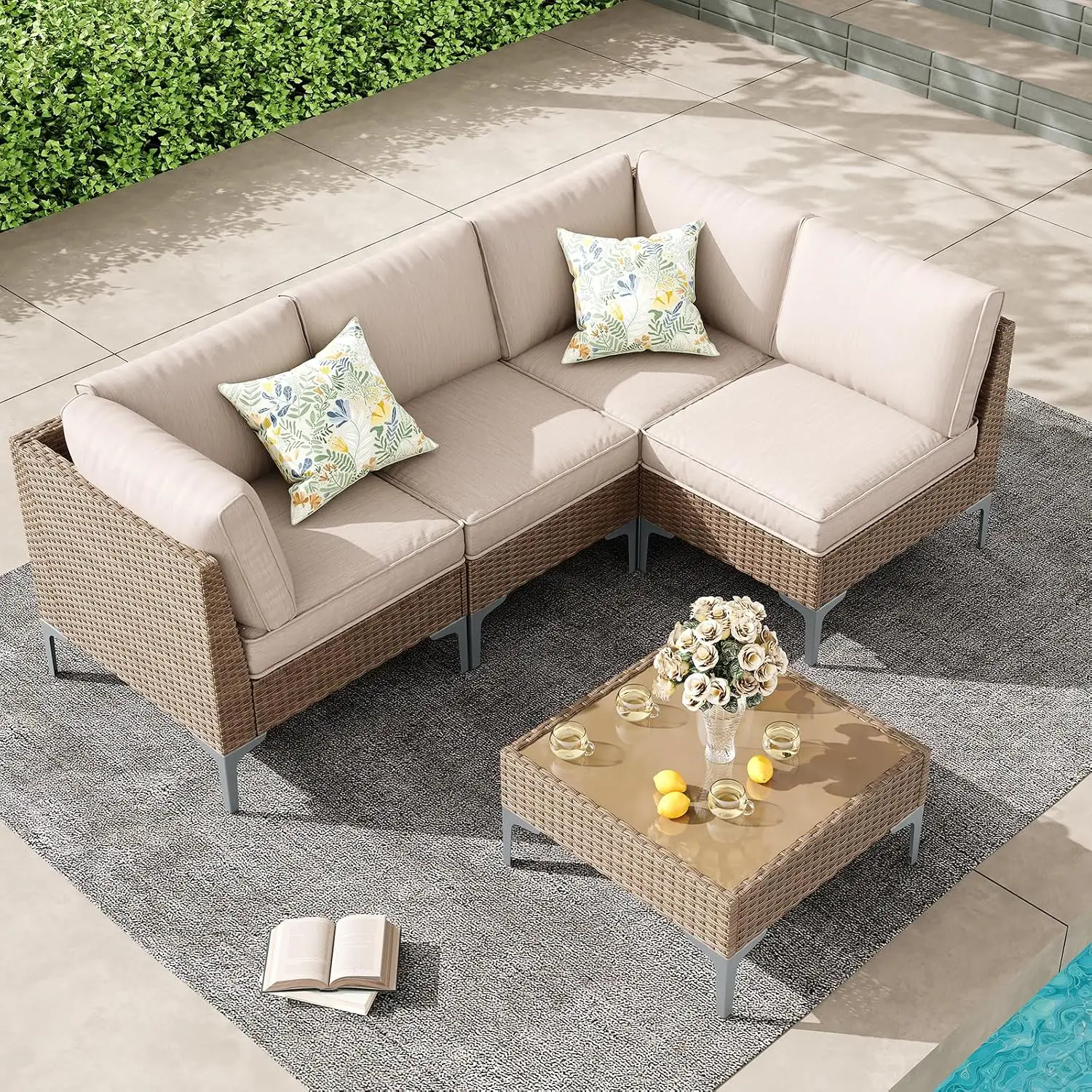 5 Piece Patio Furniture Set, Wicker Modular Outdoor Furniture with Thicker Cushions, Outdoor Couch Sofa for Garden,, Customized