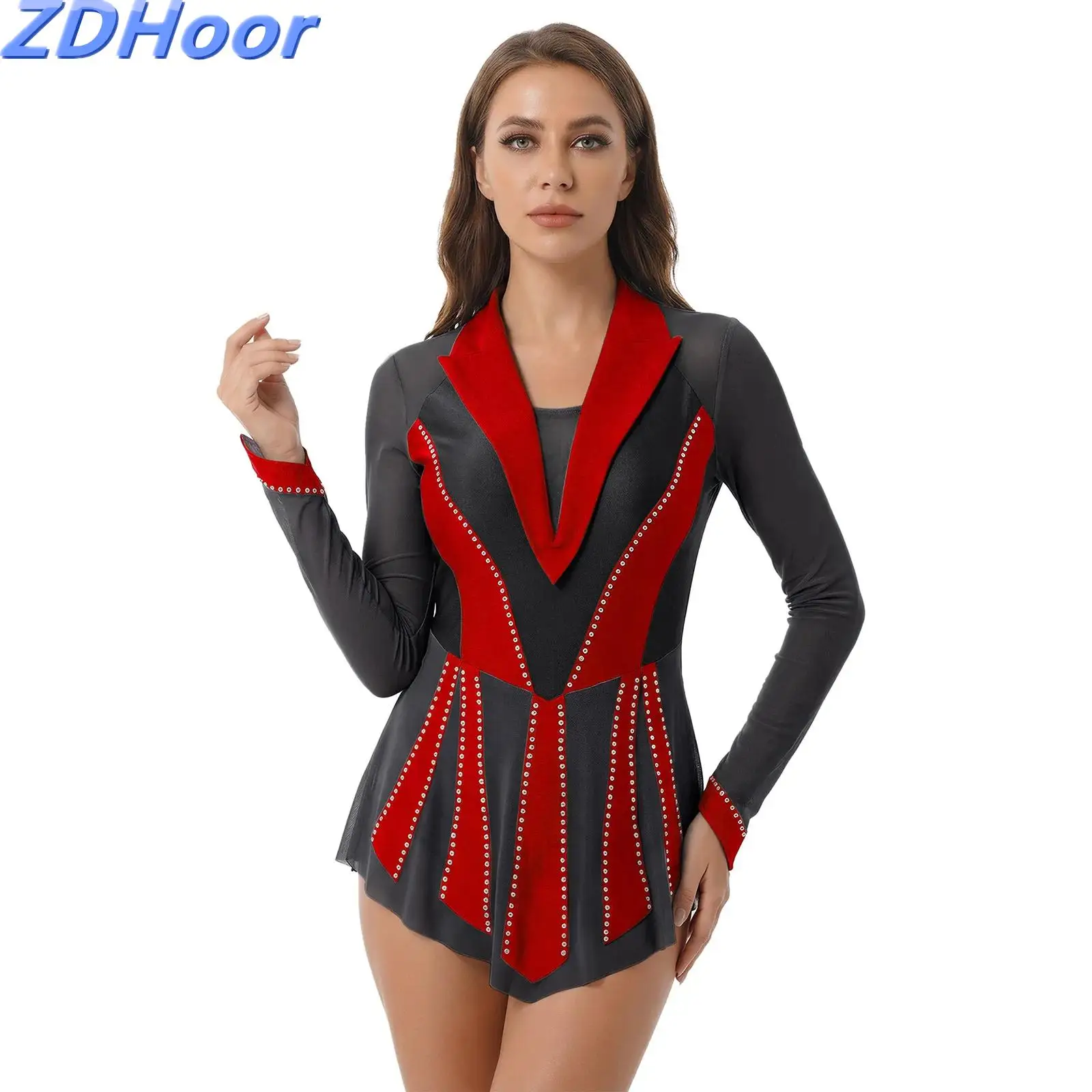 

Women Lyrical Dress Figure Skating Dress Glittery Rhinestone Sheer Mesh Patchwork Contrast Color Built In Briefs Ruffled Dress