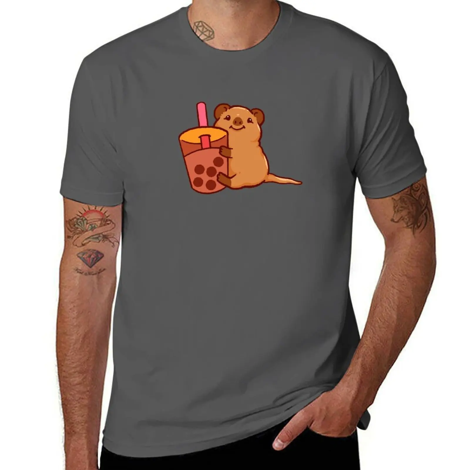 Camiseta con estampado de dibujos animados de quokka quokka con té boba, camiseta informal minimalista de manga corta