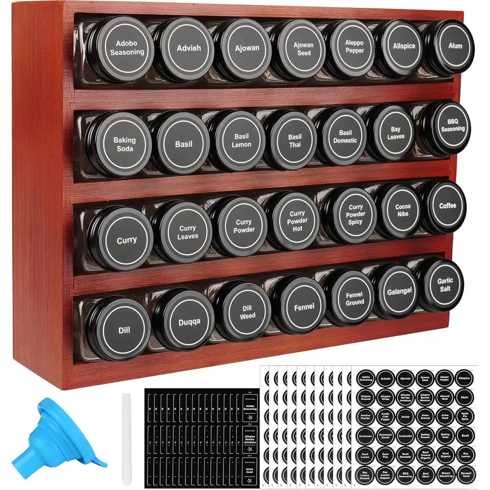 

4-Tier Hanging Wooden Spice Rack with 28 Jars, 780 Labels, Chalk Marker, and Tunnel Set - Cherry Stained, Empty 4 oz Glass Jars