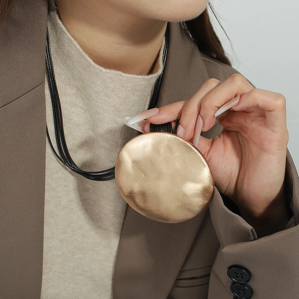 ALLYES Vintage Big Round Pendant Necklace for Women Simple Gold Silver Color Matte Metal Leather Necklaces Sweater Chain Jewelry