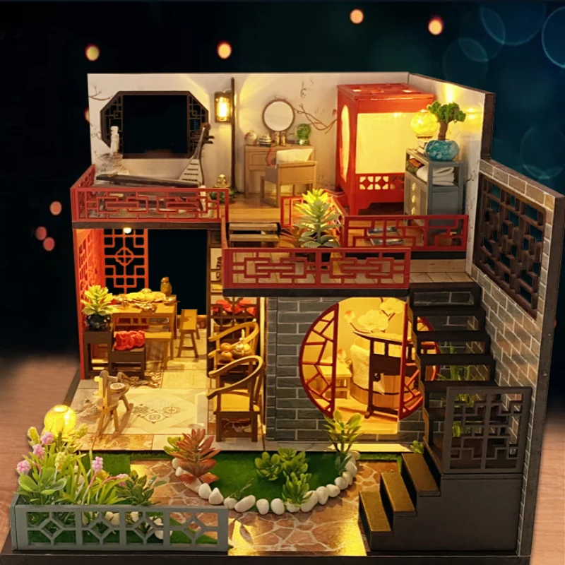 

OUZEY Ancient Chinese Loft DIY Wooden Dollhouse Kit Morning Flowers Evening Pick Theme Handmade Desk Ornament Craft Gift