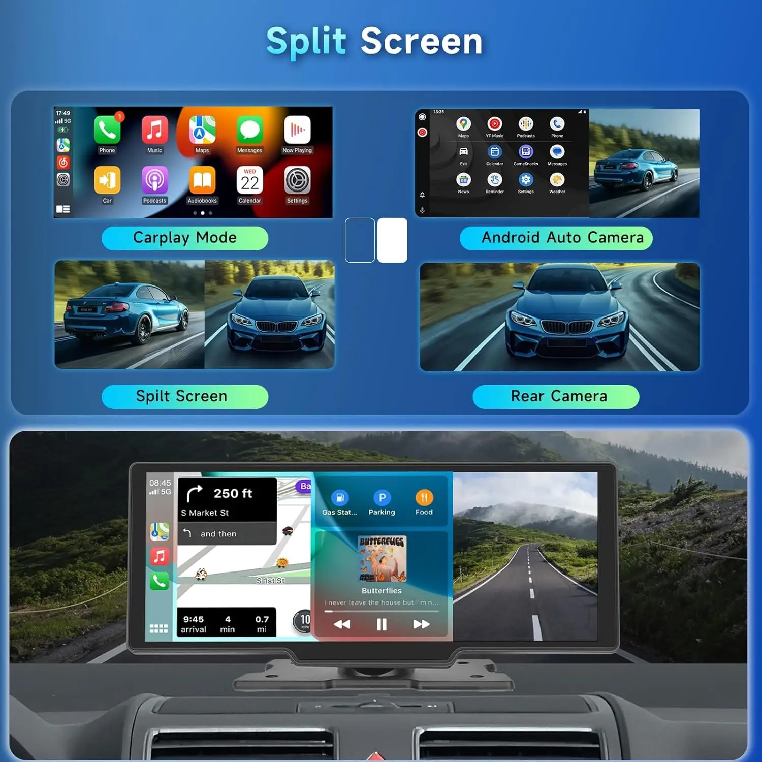 ستيريو سيارة CarPlay 9.3 بوصة HD IPS مع Android Auto، كاميرا داش 2.5K، كاميرا احتياطية 1080P، بطاقة TF سعة 64 جيجابايت، ملاحة، Dual Bl