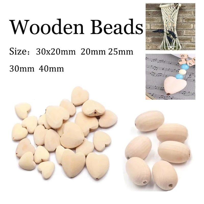 10/20 Stück unvollendete natürliche Holzperlen, Liebes- und ovale Perlen für DIY-Armbänder, Halsketten, Heimdekoration, Bastelbedarf
