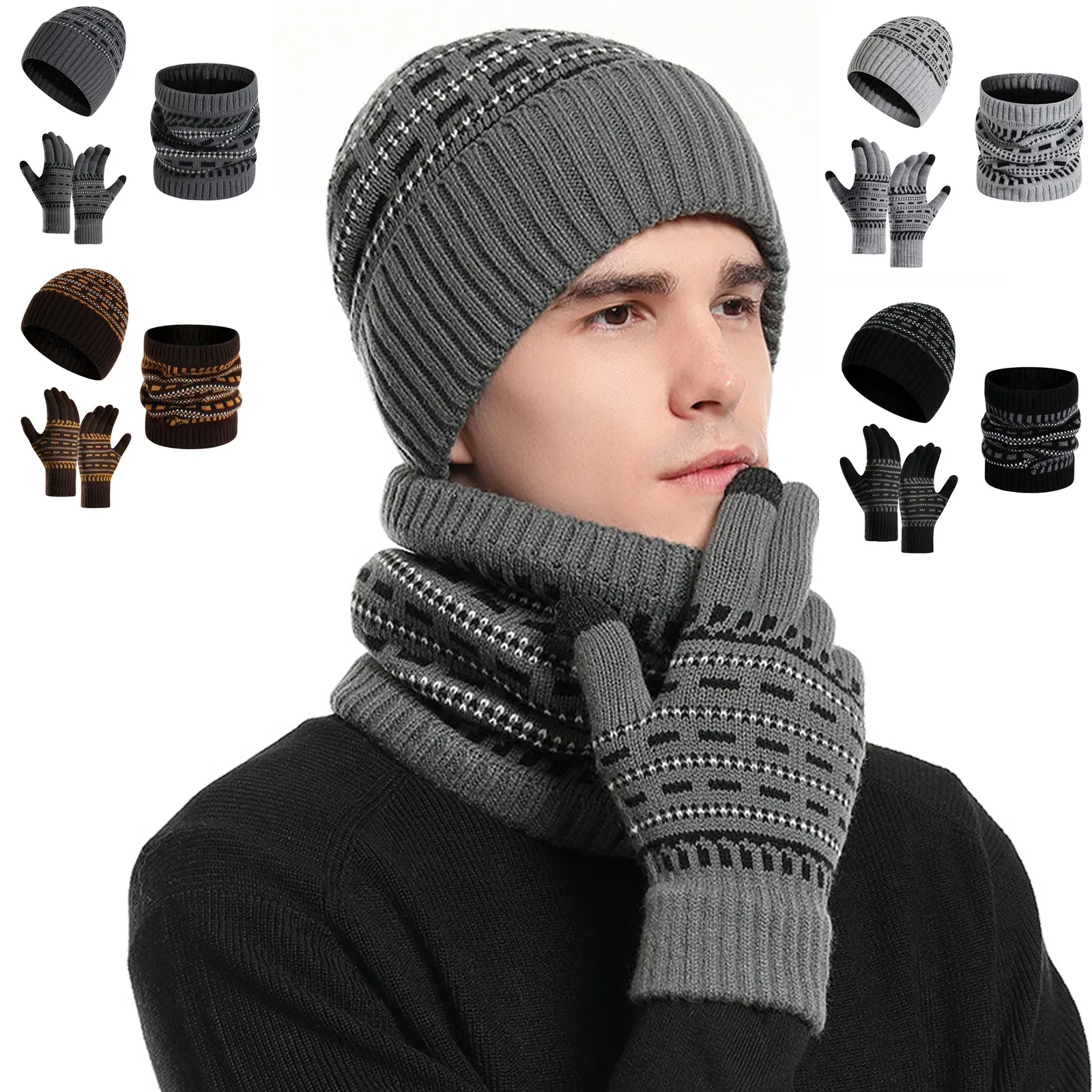 Women Men Winter Warm 3pcs Wool Hat Scarf Gloves Slouchy Three Pieces Winter Snow Knit Cap Scarf Hat Gloves