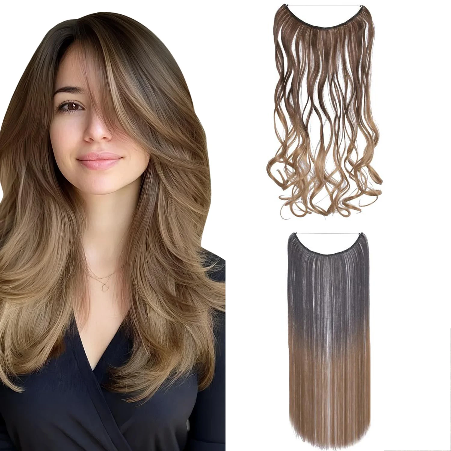 

Women's Hairpiece One Piece Ombre Color Hair Extension Wavy & Straight Invisible Wire Secret Fish Line No Clips Synthetic Hair