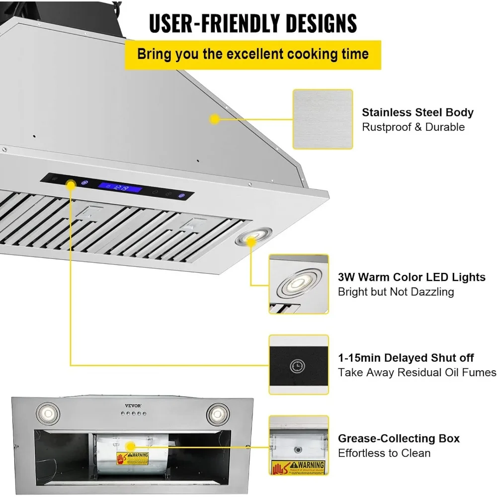 Hotte de cuisine intégrée en acier inoxydable, 900CFM, 4 vitesses, évent de cuisine de 36 pouces avec touche