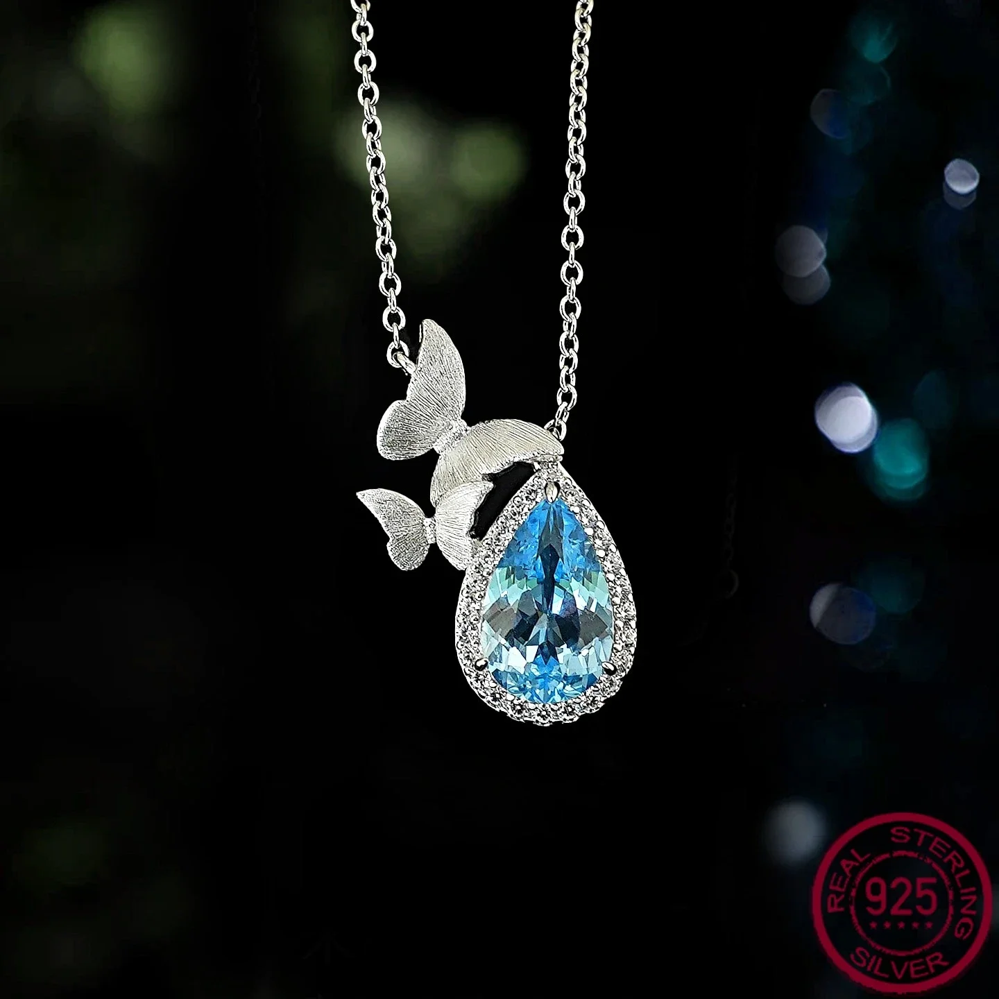 

New Butterfly Double Flight Blue Tears S925 Silver Sea Blue Water Drop Necklace Pendant Ice Flower Cutting Jewelry