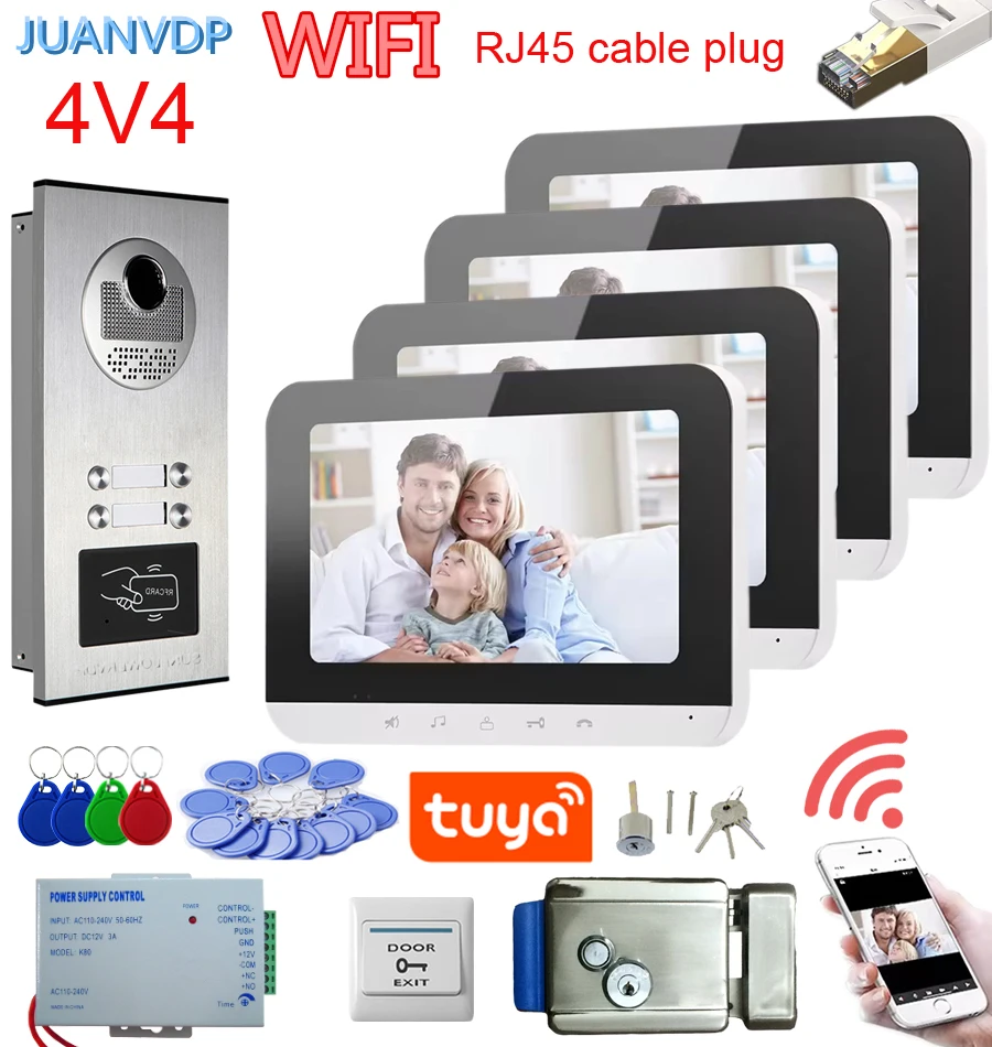 RJ45 Cable Plug Wifi Video Intercom System 7” Video Doorbell Door System Kits Support Villa 2/3/4/6 Apartments Home Office