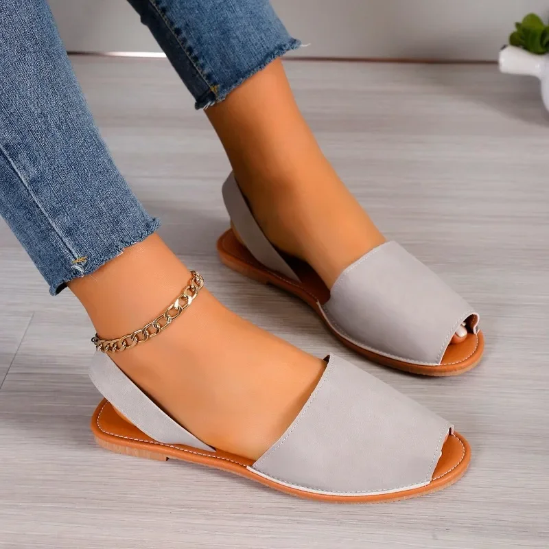 Sandalias de tacón bajo con punta abierta para mujer, zapatos informales de boca baja, Color liso, para exteriores, novedad de verano, 2024