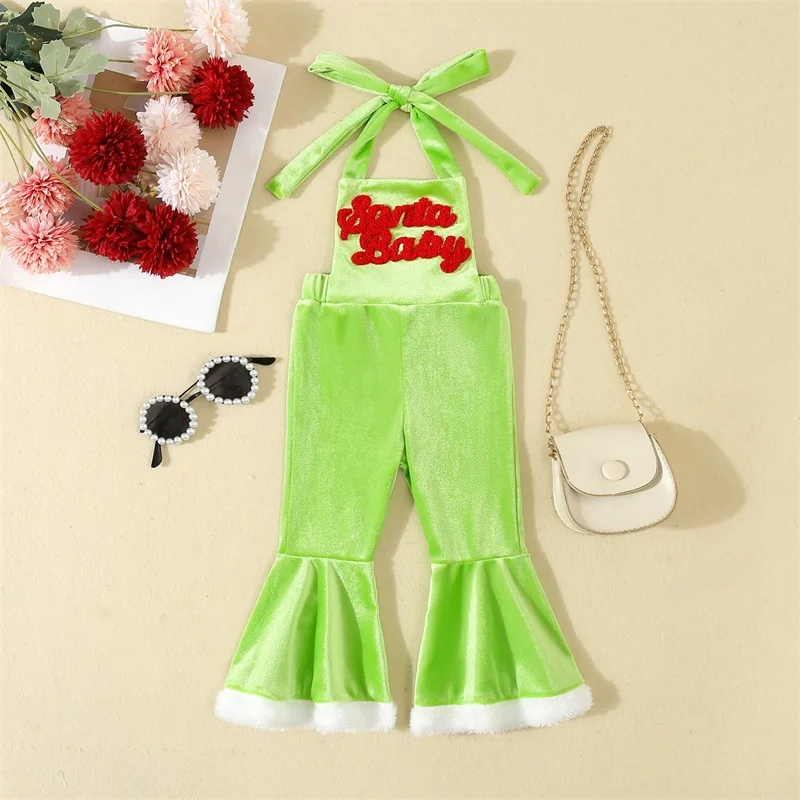 Toddler Girls Christmas Overalls Letter Embroidered Velvet Lacing Halter Neck Terry Trim Flare Pants