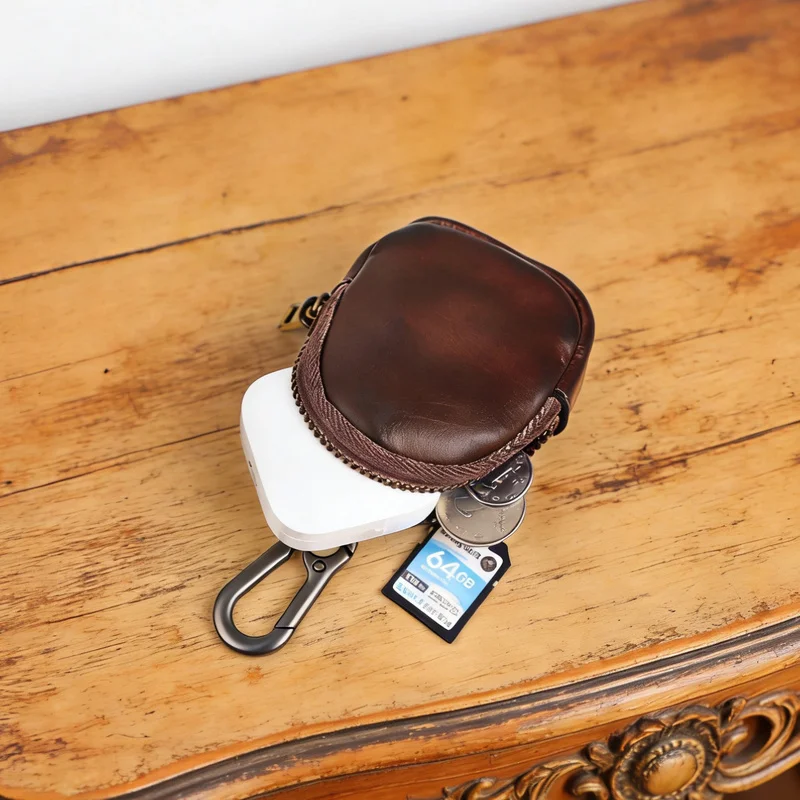 Genuine Leather Carabiner Multi-Color Retro Mini Coin Purse Keychain Wallet