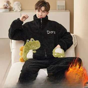 メンズパジャマ冬フランネル肥厚フリースプラスサイズサンゴフリースティーン漫画暖かいホームスーツセットかわいいパーカーオーバーパジャマ