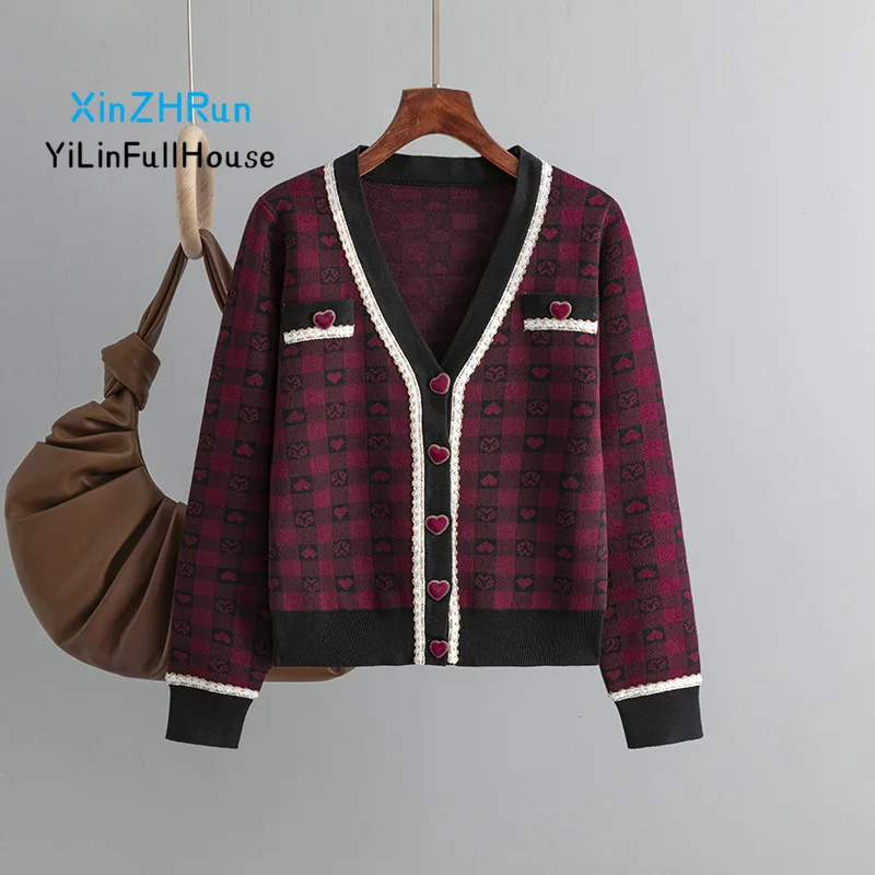 Women's Temperament Single Breasted Heart-shaped Plaid Knitted Sweater Autumn Winter  Light Luxury High-end Cardigan Jacket Top