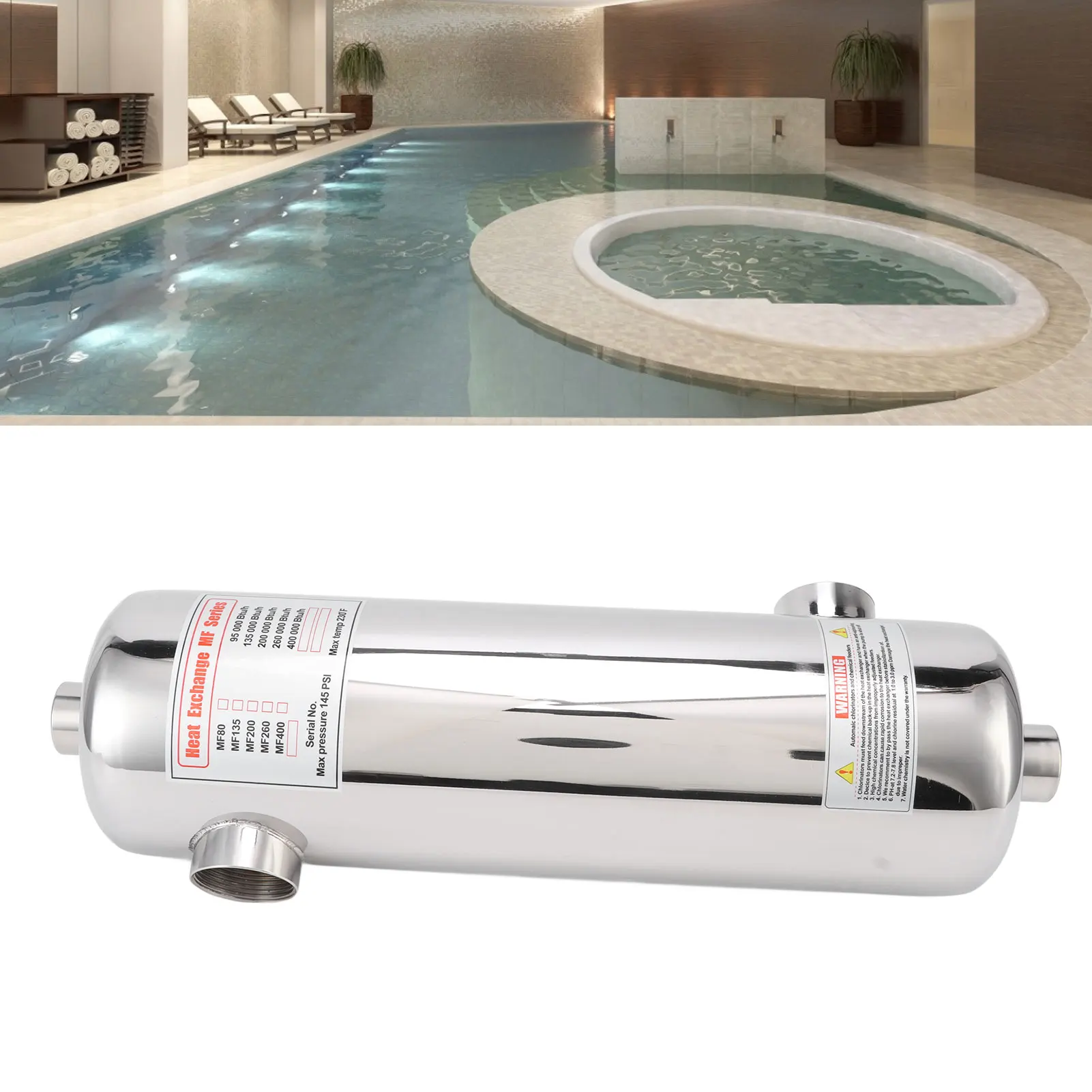60KW Pool-Wärmetauscher aus Edelstahl SS304, 485x134mm, 250L/Min Poolheizung für Schwimmbad, Spa, Whirlpool & Sauna, 200kBtu/h