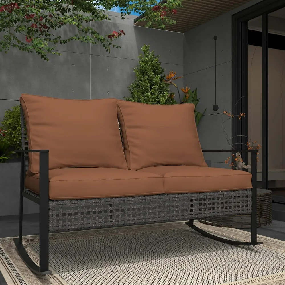 

Outdoor Wicker Loveseat Rocking Chair, Patio Rattan Rocker Chair With Cushions，All-Weather Modern Cozy Rocking Wicker Fur