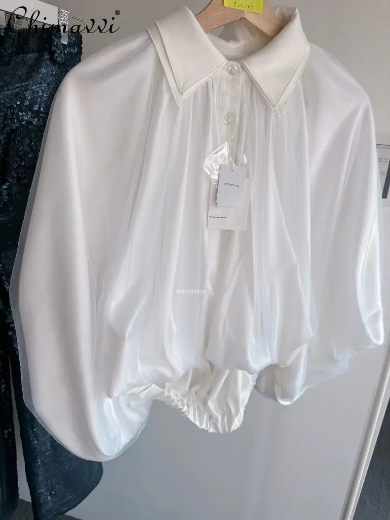 Japanese Style Fashion Commuter Satin Mesh Splicing Shirt 2025 Summer New Women's Lapel Bat Sleeve Loose Blouse Elegant Tops