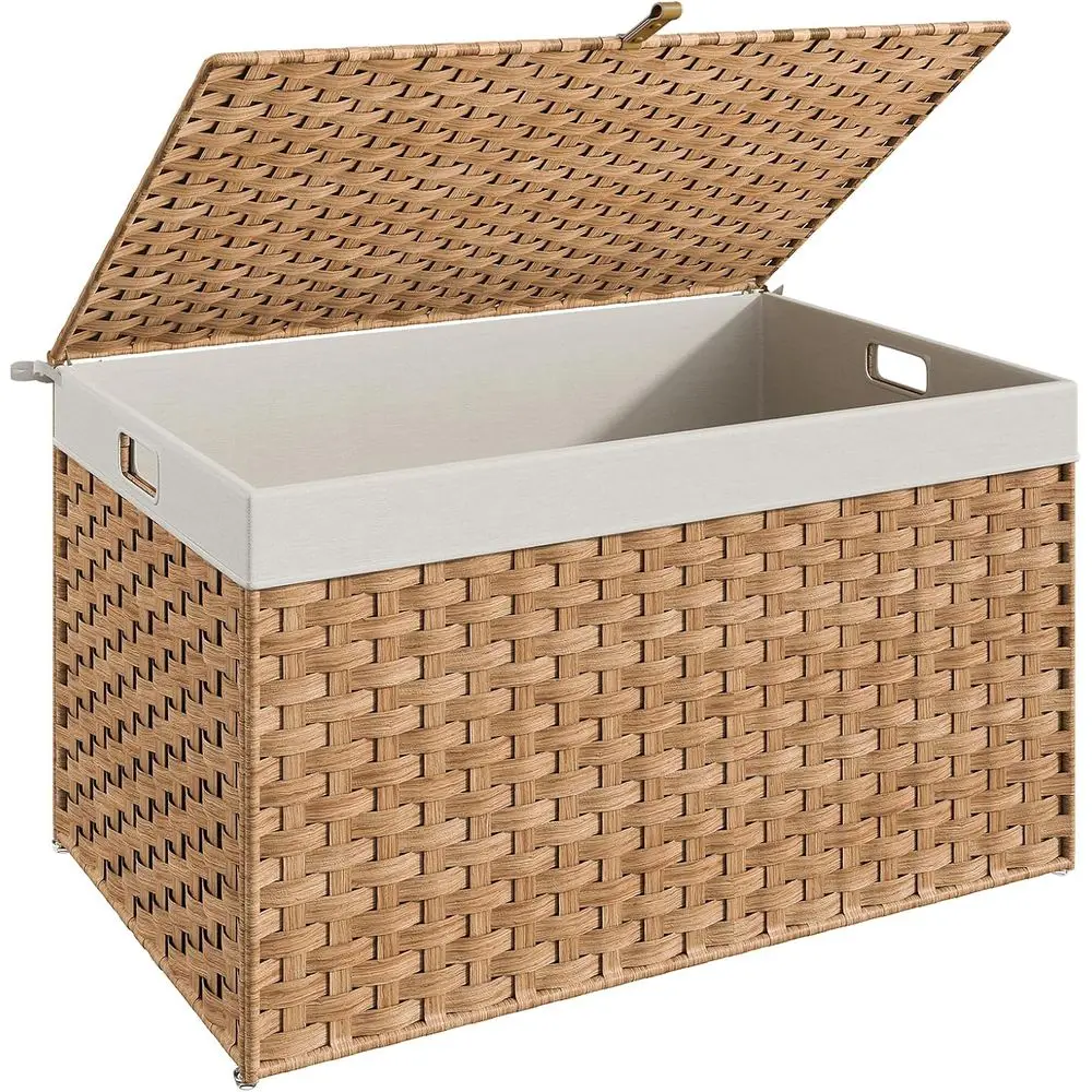 

Storage Basket with Lid, 42.3 Gallon (160L) Wicker Basket, Handwoven Blanket Storage Basket with Handles, Metal Frame and Soft L