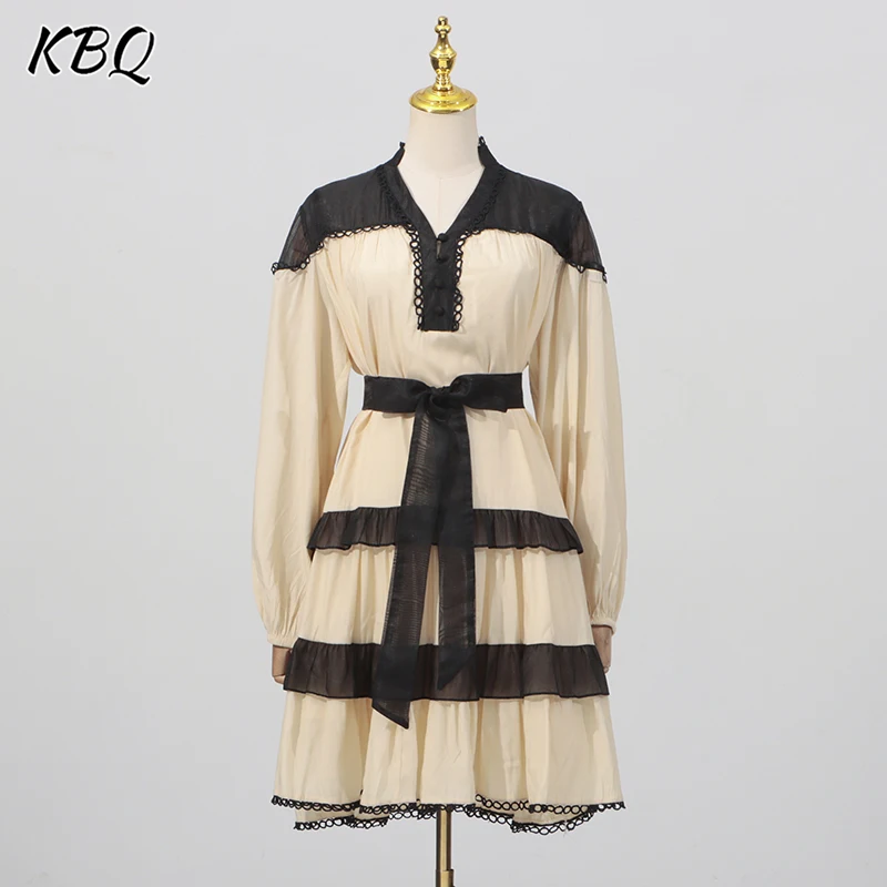 

KBQ Hit Color Hollow Out Tunic Mini Dresses for Women Stand Collar Long Sleeve Patchwork Lace Up Elegant Party Dress Female New