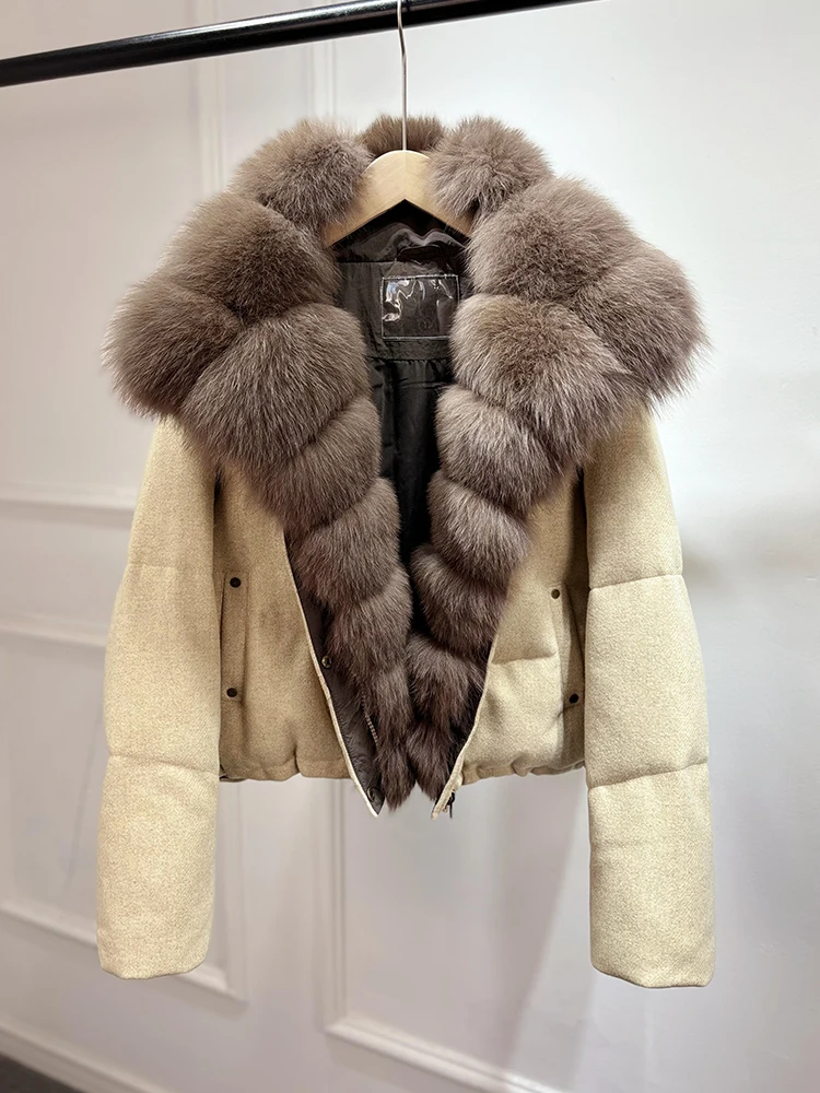 Janveny Luxury Winter 90% White Duck Down Wool Blends Jacket Women 2025 New Real Natural Fox Fur Thick Warm Puffer Down Coat