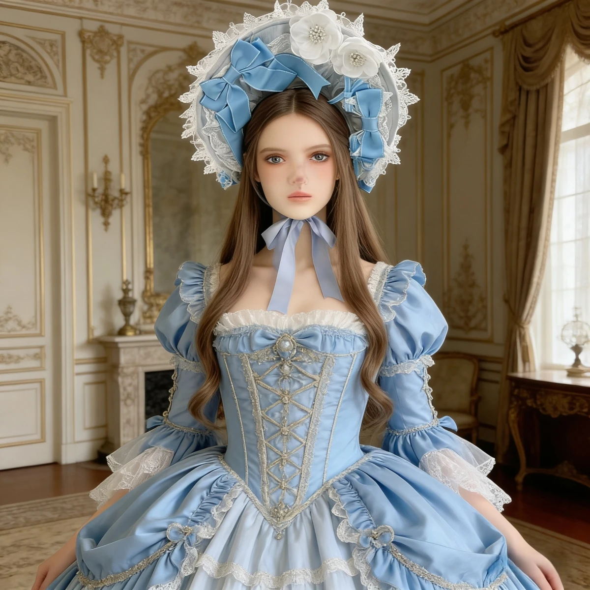 Viktorianische Spitzen-Bonnet-Hüte mit Schleifen- und Blumendesign für Hochzeiten, Cosplay und modische Partys. – Detail 2