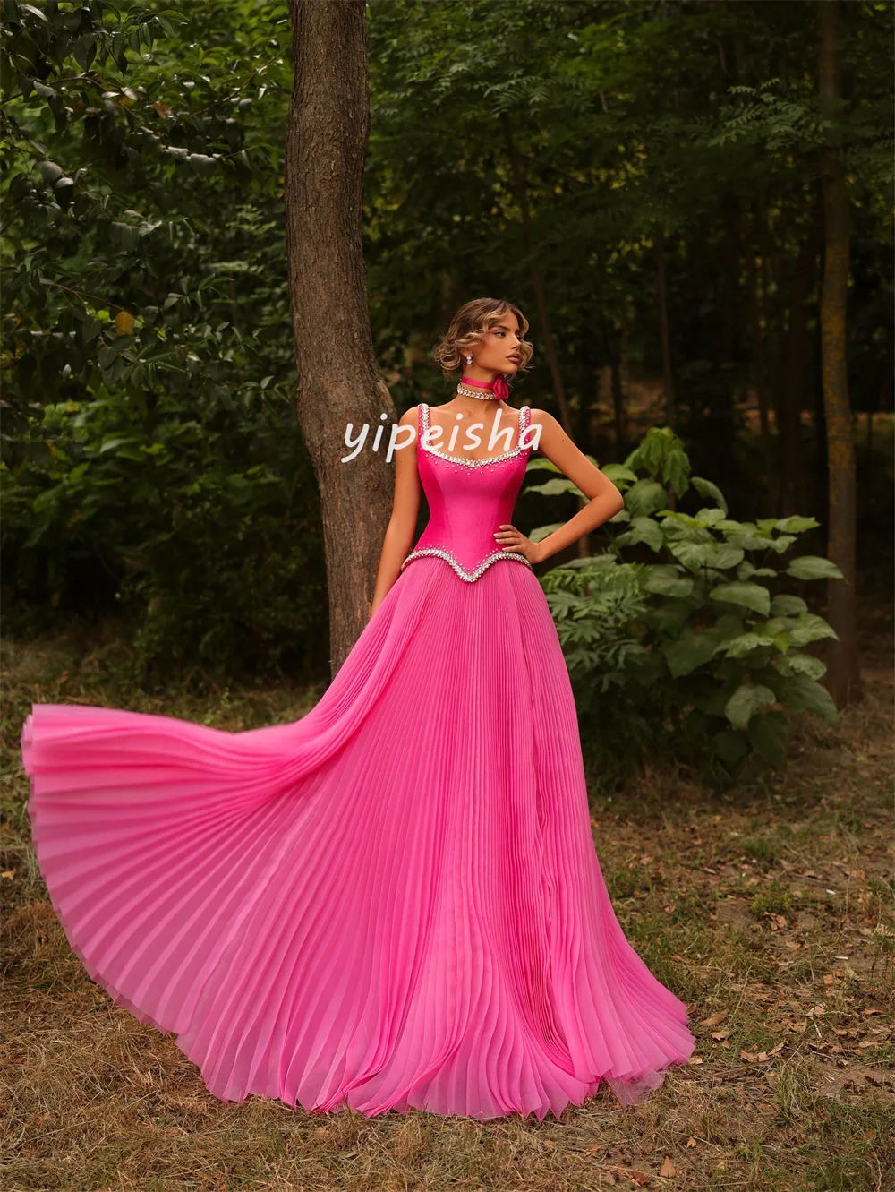 Customized Modern Style Exquisite Charmeuse Rhinestone Pleat Straight Spaghetti strap Long Dresses Bespoke Occasion Dresses Sexy